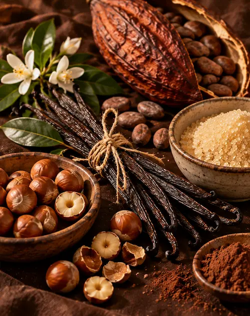 Baccelli di vaniglia, nocciole e fave di cacao