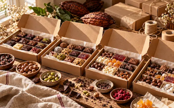 Scatole di prodotti dolciari pronte per essere assortite