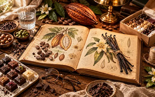 Pagine di un libro di ricette accanto a baccelli di vaniglia