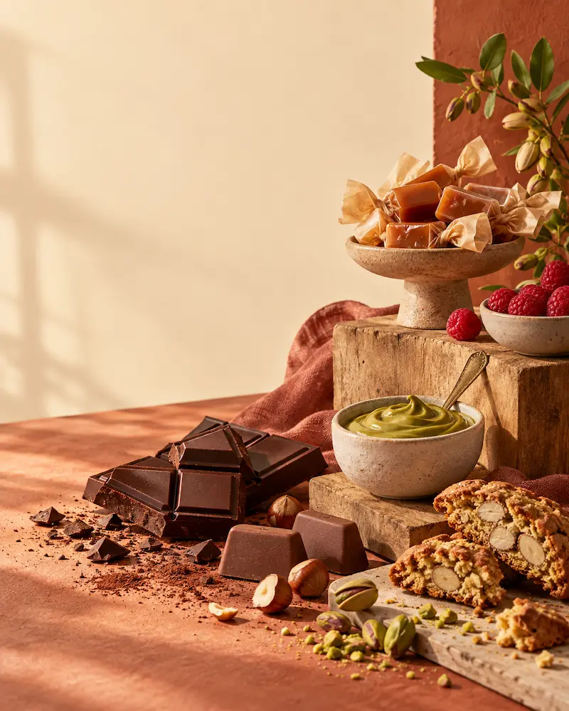 Una composizione di cioccolato, caramelle e biscotti su fondo caldo